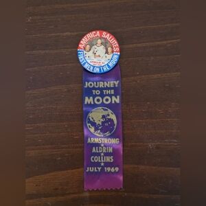 Vintage 1969 Apollo 11 Moon Landing Commemorative Pin & Ribbon – Armstrong, Aldr